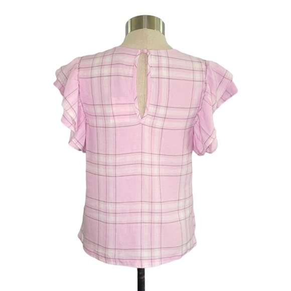 A New Day Pink Plaid Ruffle Sleeve Linen Blend Top Size XS Lightweight Spring - Picture 5 of 8